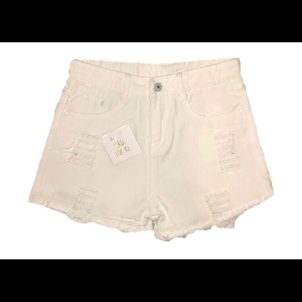 White Denim Shorts W/ Black & White Rock Patches - Picture 4 of 8